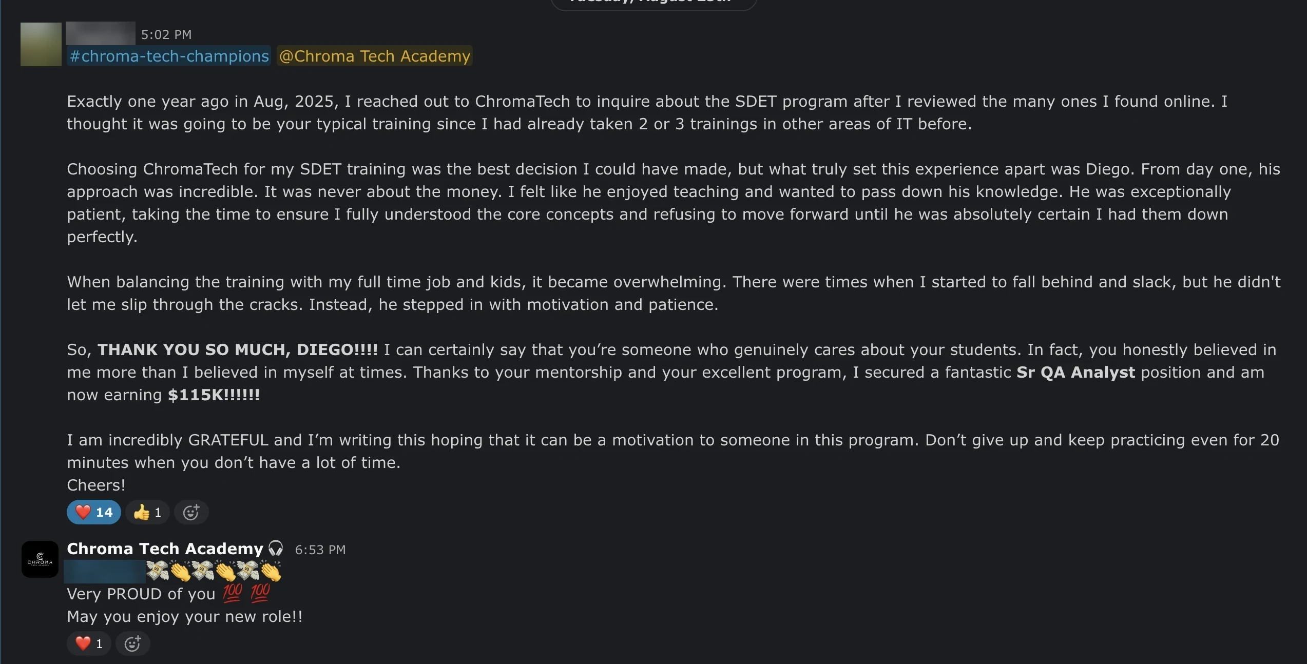 A message posted by a student in the Chroma Tech Academy Community